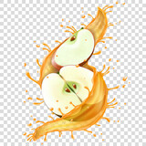 Juice splash with apple slices realistic vector. 3d fruit liquid, summer tropical vacation drink symbol Fresh vitamin sweet liquid flowing in motion, isolated background illustration