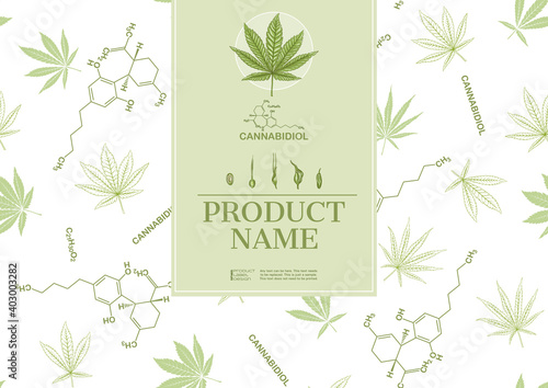 Cannabis Template for product label, cosmetic packaging. With botanical hemp plant. Easy to edit. Vector illustration.