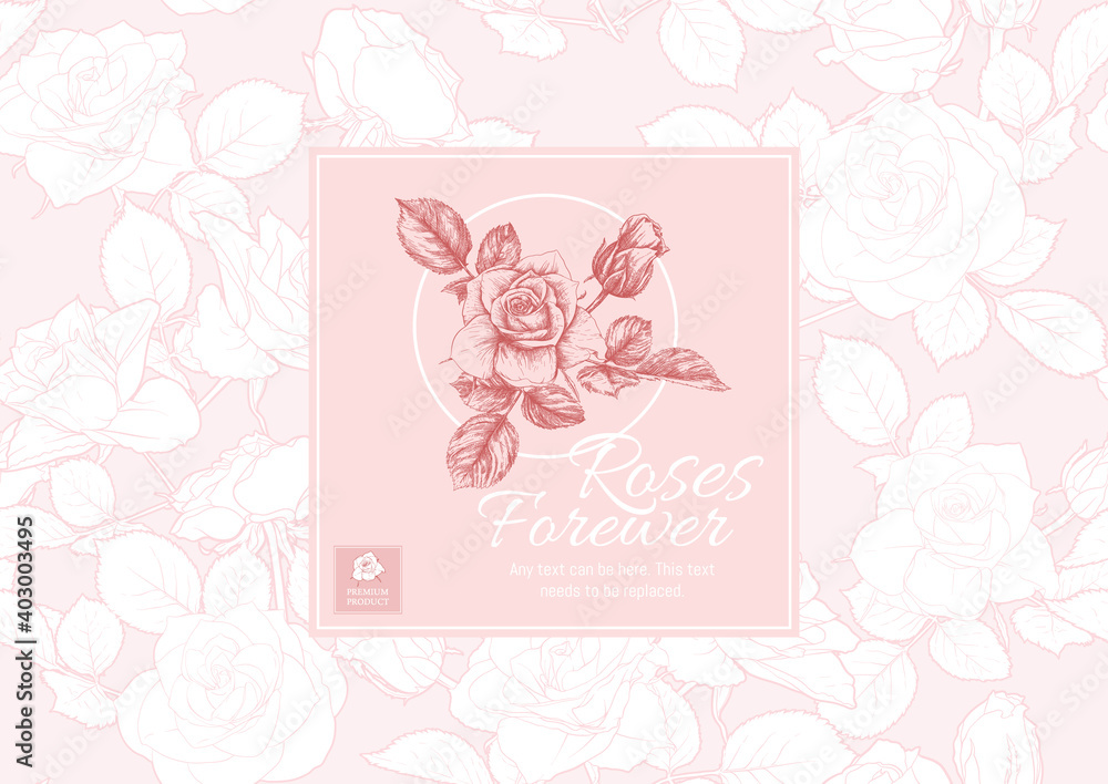 Roses flowers Template for product label, cosmetic packaging, for wedding invitation, greeting card, banner, gift voucher. Easy to edit. Colored vector illustration..