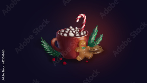 New year illustration drawing of a Cup of cocoa and the gingerbread man
