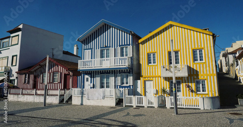 Panorama of coastal beach town village traditional historic colorful houses Praia da Costa Nova do Prado Aveiro Portugal