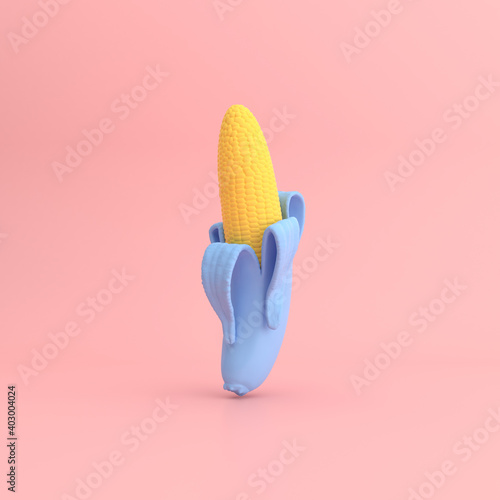 Yellow corn in banana on pink background. Minimal concept. 3D rendering