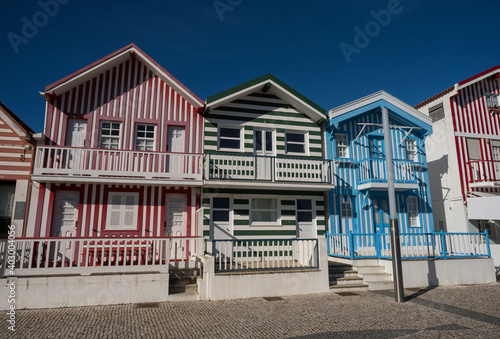 Panorama of coastal beach town village traditional historic colorful houses Praia da Costa Nova do Prado Aveiro Portugal