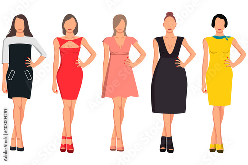 A set of five girls with a good figure in beautiful clothes of different styles and colors.