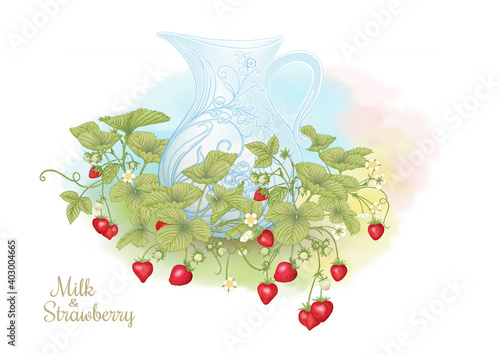 Jug of milk and strawberries. Clip art, elements for design. Graphic drawing, engraving style. Vector illustration.