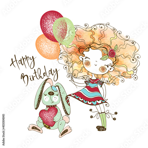 Birthday card with a cute red-haired girl with a Bunny in the technique of watercolor and Doodle style. Vector