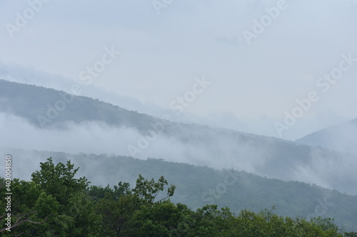 Foggy rolling mountains during rainy day in Virginia