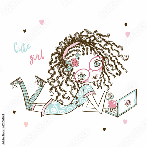 Cute fashionista teen girl with pigtails with laptop and Apple. Vector