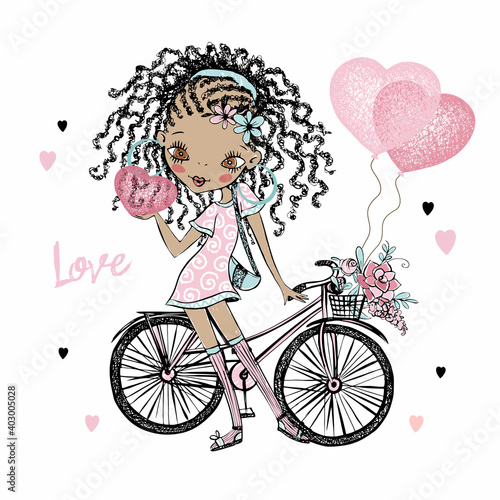 Cute fashionista dark-skinned teen girl with pigtails with a Bicycle and balloons hearts. Valentine card. Vector
