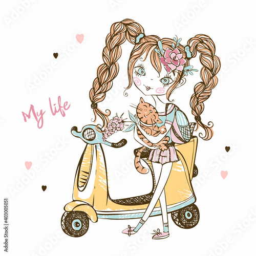 Cute teen fashionista with a cat, with a scooter . My life. Vector.
