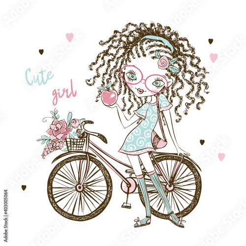 Cute fashionista teen girl with pigtails with bike. My life. Vector