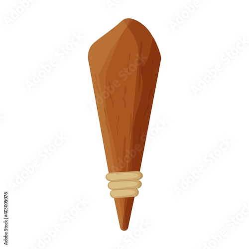 Stone age primitive wooden club, caveman equipment for hunting in cartoon style isolated on white background. Huge handle tool.