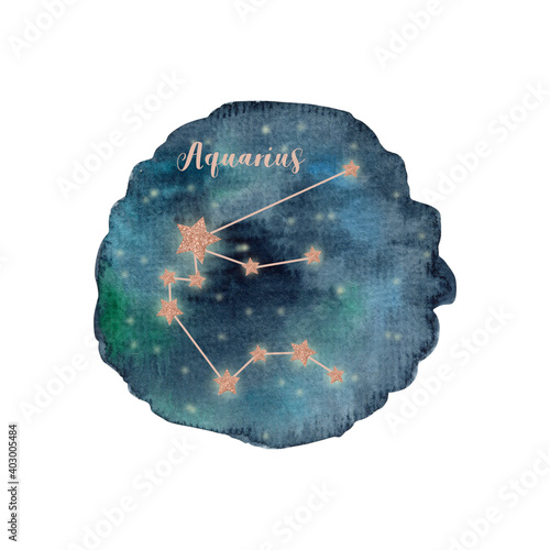 Watercolor constellation Aquarius on blue watercolor blot isolated on white background.