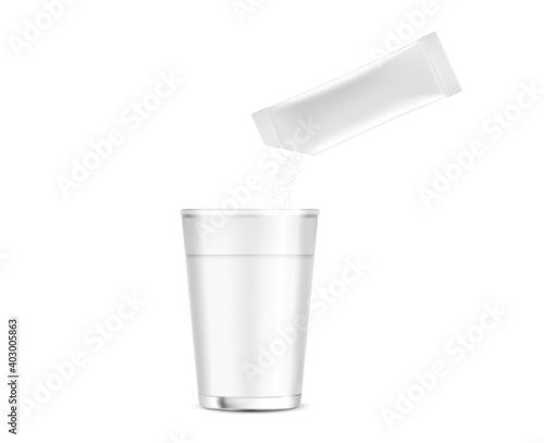 3D Glossy Stick sachet mockup and Pour Powder to Cup of water isolated on white background. Vector illustration. Food and beverage Packaging concept design.