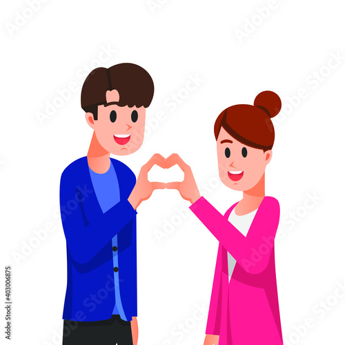 Lovers form a love sign with their hands