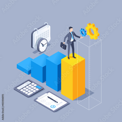 isometric vector illustration on gray background, man in business suit with briefcase stands on the chart, visualization of progress