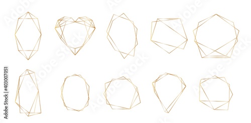 Gold polygonal frame with golden glitter triangles, geometric, diamond shapes.