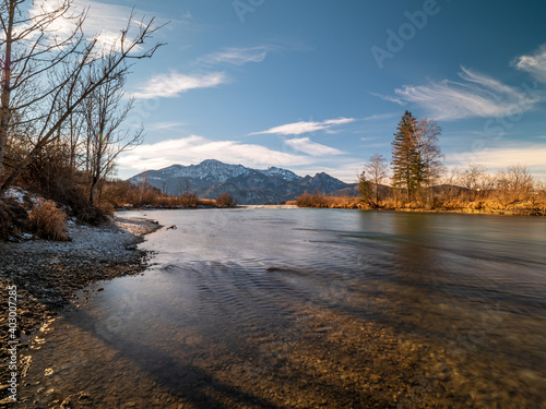 Winter landscape at the lake Kochel with mountain chain background