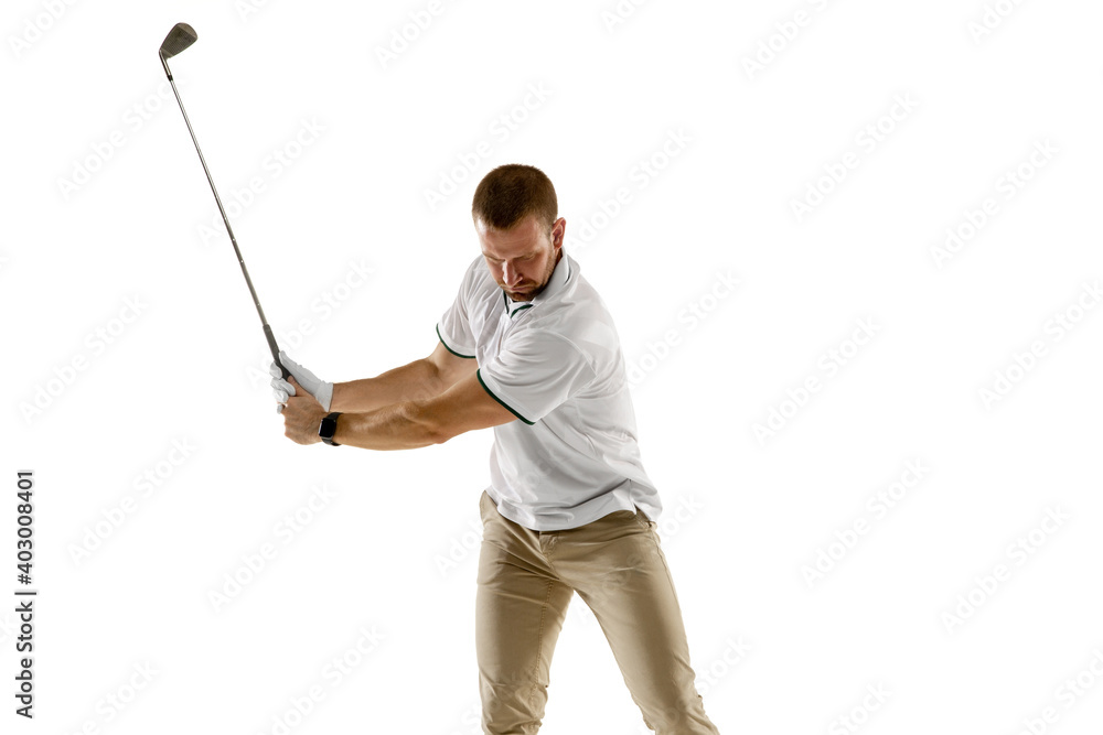Half length. Golf player in a white shirt taking a swing isolated on white studio background with copyspace. Professional player practicing with bright emotions and facial expression. Sport concept. Half length. Golf player in a white shirt taking a swing isolated on white studio background with copyspace. Professional player practicing with bright emotions and facial expression. Sport concept.