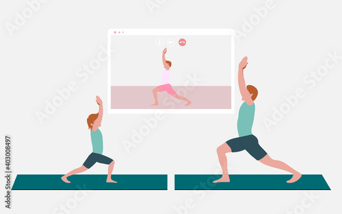 Father and his son doing yoga pose and watching online yoga practice on TV or projector. Stay home concept. Home activity during quarantine. Online courses, education. Eps 10.