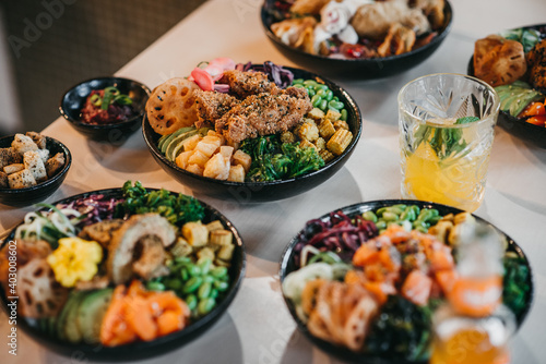 Poke Bowls With Salmon, Chicken and Avocado