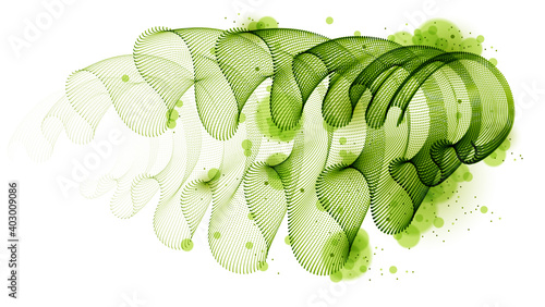 Vector abstract background with wave of flowing particles, smooth curve shape lines, transparent tulle textile on wind. 3d shape dots magic blended mesh.