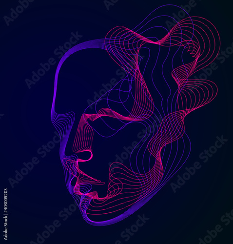 Spirit of digital electronic time, Artificial Intelligence vector illustration of human head made of dotted particles wave lines, particle flow, technological soul of machine.