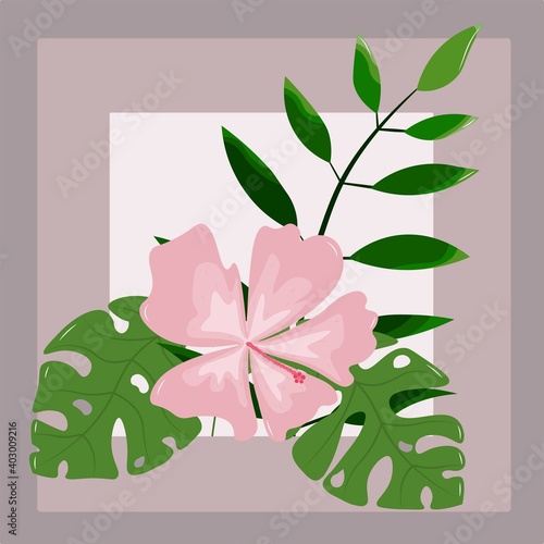 Cute postcard with tropical plants for writing a vacation