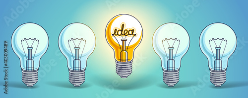 Light bulbs beautiful vector illustration with single one shining, idea concept, think different, stand out of crowd, creative inspiration.