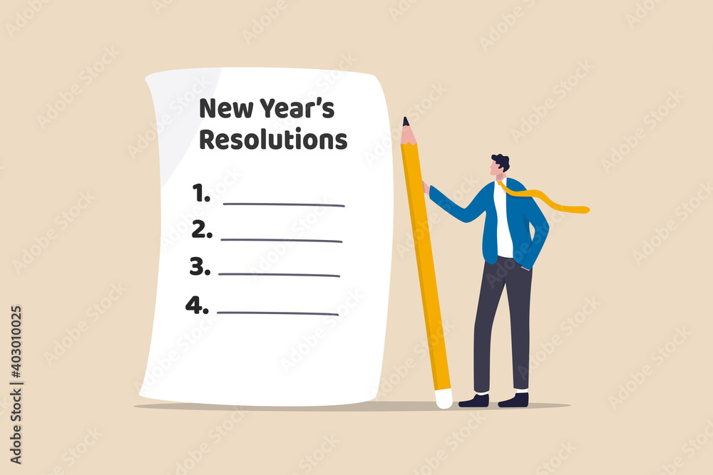 New year's resolutions, set goal or business target for new year or beginning with work challenge concept, smart businessman holding big pencil thinking about new year's resolution on notepad paper. - obrazy, fototapety, plakaty 