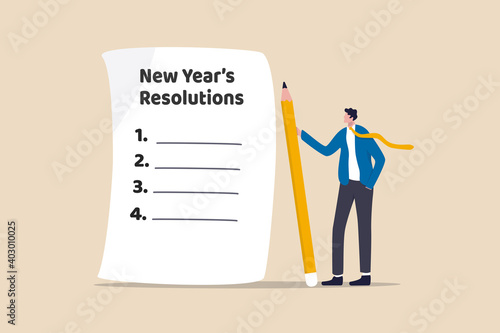 New year's resolutions, set goal or business target for new year or beginning with work challenge concept, smart businessman holding big pencil thinking about new year's resolution on notepad paper.