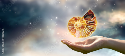 Stampa su tela Human hand holding ammonite fossil in universe against space sky and shining stars background