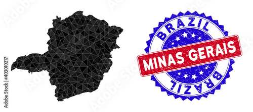 Minas Gerais State map polygonal mesh with filled triangles, and rough bicolor rubber seal. Triangle mosaic Minas Gerais State map with mesh vector model, triangles have randomized sizes,