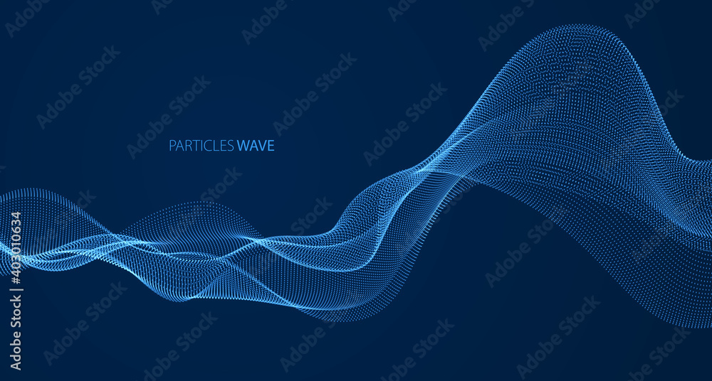 Dynamic particles sound wave flowing over dark. Dotted curves vector abstract background. Beautiful 3d wave shaped array of shining blended points.