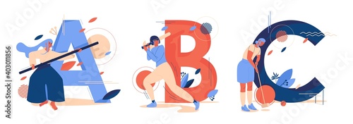 Concept sport illustration collection with women training baseball, aikido and croquet isolated on white. Capital ABC letters good for print and school decoration