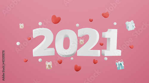 Concept Happy valentine's Day 2021 with heart and gift box on pink background. 3d rendering