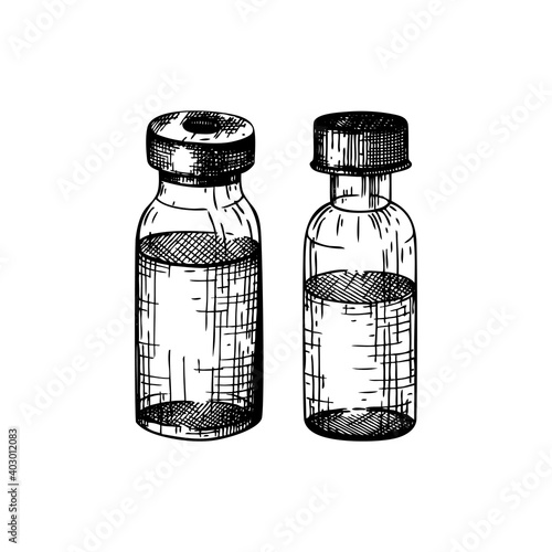 Hand sketched medical bottles with vaccines. A vaccine against different kinds of viruses. Covid-19 vaccination sketches. Glass bottles isolated on white background
