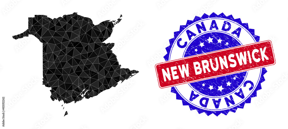 New Brunswick Province map polygonal mesh with filled triangles, and scratched bicolor stamp seal. Triangle mosaic New Brunswick Province map with mesh vector model, triangles have variable sizes,