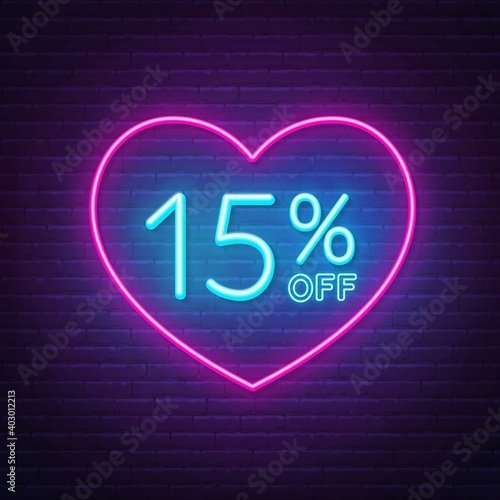 15 percent off neon sign in a heart shape frame. Valentine day discount lighting design .