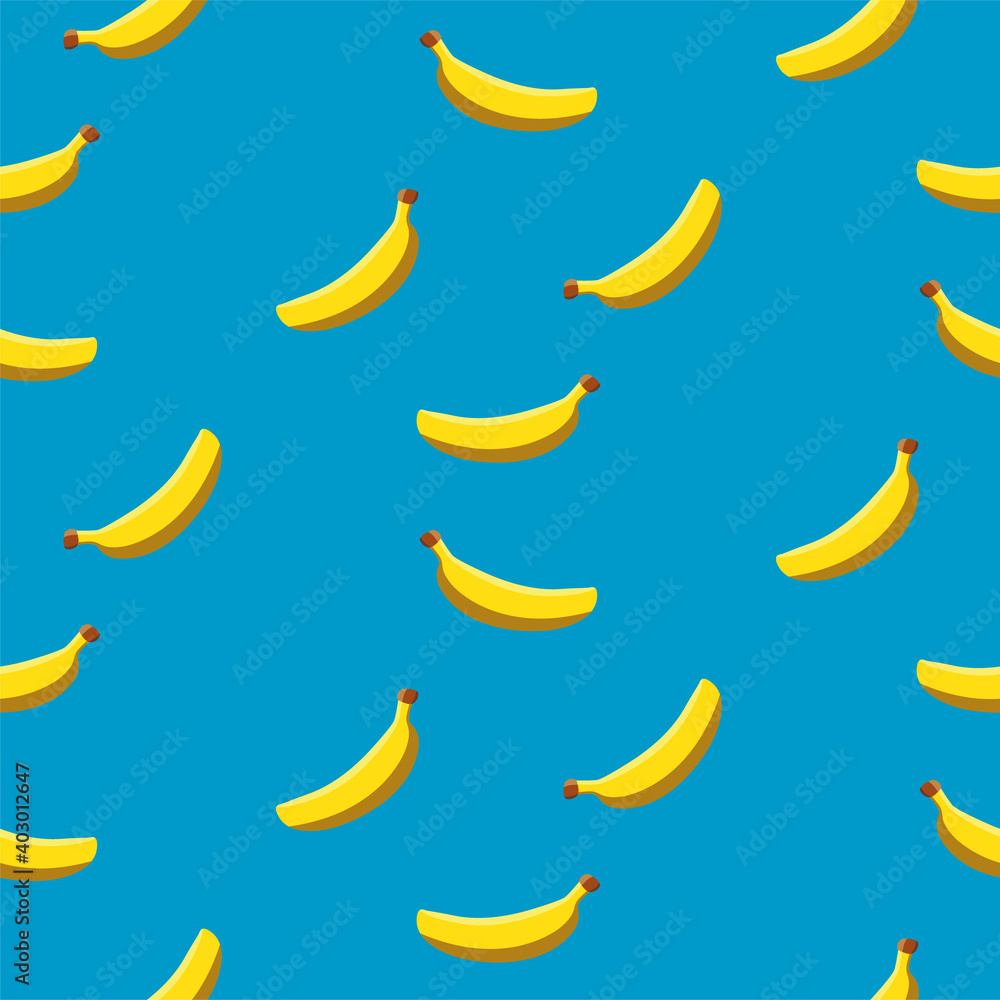 Seamless pattern from yellow bananas and blue background. Illustration in flat style. Can be used in web design, textiles, wrapping paper as a background.