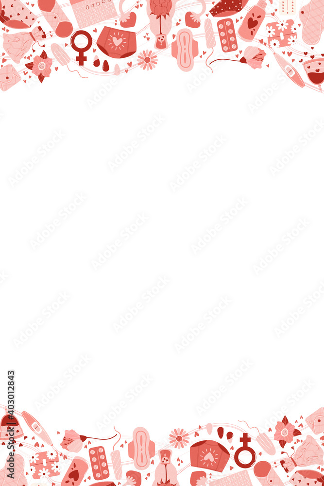 Vertical vector card with feminine hygiene products with flowers, zero waste eco menstrual cup, sanitary napkin pad, uterus, tampon, concept of women protection during period, critical days banner. Vertical vector card with feminine hygiene products with flowers, zero waste eco menstrual cup, sanitary napkin pad, uterus, tampon, concept of women protection during period, critical days banner.