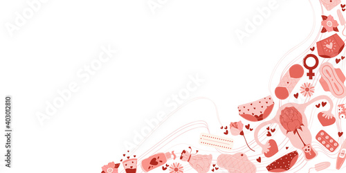 Horizontal vector card with feminine hygiene products with flowers, zero waste eco menstrual cup, sanitary napkin pad, uterus, tampon, concept of women protection during period, critical days banner.