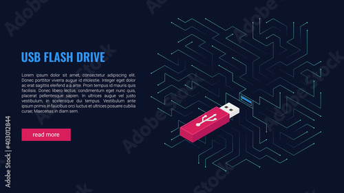 Vector isometric illustration, usb flash drive against the background of lines in the style of computer chips. Design template for web banner, landing page. Copyspace.