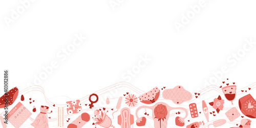 Horizontal vector card with feminine hygiene products with flowers, zero waste eco menstrual cup, sanitary napkin pad, uterus, tampon, concept of women protection during period, critical days banner.