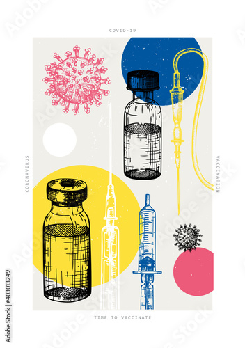 Coronavirus vaccine concept. Vector design of covid19 immunization treatment with vaccine bottle and syringe injection sketches. Trendy collage style poster.