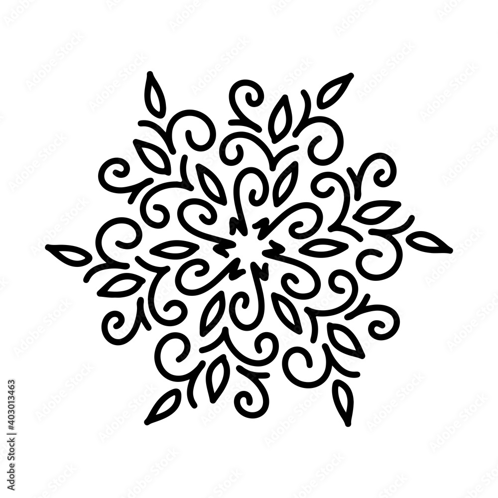 Abstract mandala ornament. Snowflake pattern. Black and white authentic background. Vector illustration.