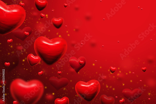 red hearts and golden dust abstract background for valentines day greeting card or festive wallpaper. Copy space for text