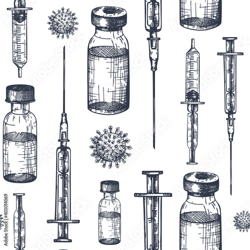 Coronavirus vaccine seamless pattern. Vector backdrop with vaccine bottle and syringe injection tools sketches. Vector covid19 immunization backdrop