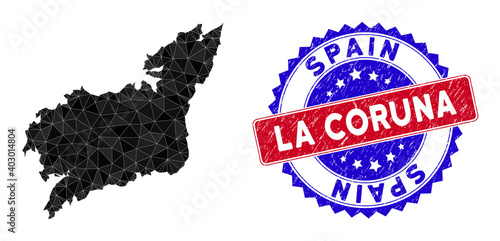 La Coruna Province map polygonal mesh with filled triangles, and scratched bicolor seal. Triangle mosaic La Coruna Province map with mesh vector model, triangles have different sizes, and positions,