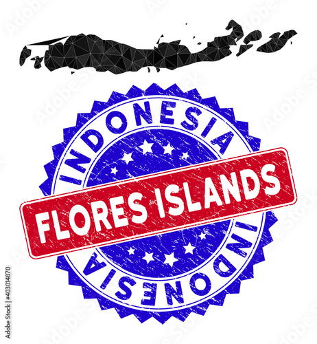 Flores Islands of Indonesia map polygonal mesh with filled triangles, and grunge bicolor watermark. Triangle mosaic Flores Islands of Indonesia map with mesh vector model,